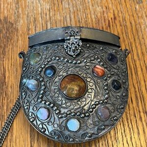 Vintage Sajai Metal and Agate Scroll Box Coin Purse, Handmade in India